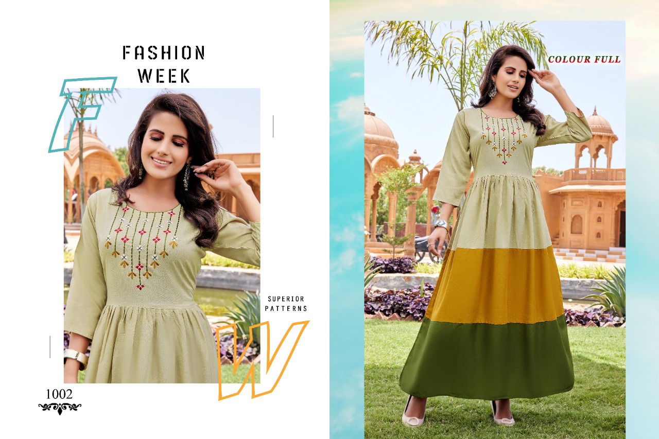 Colour Full 1001 Fancy Party Wear Rayon Long Anarkali Kurti Collection